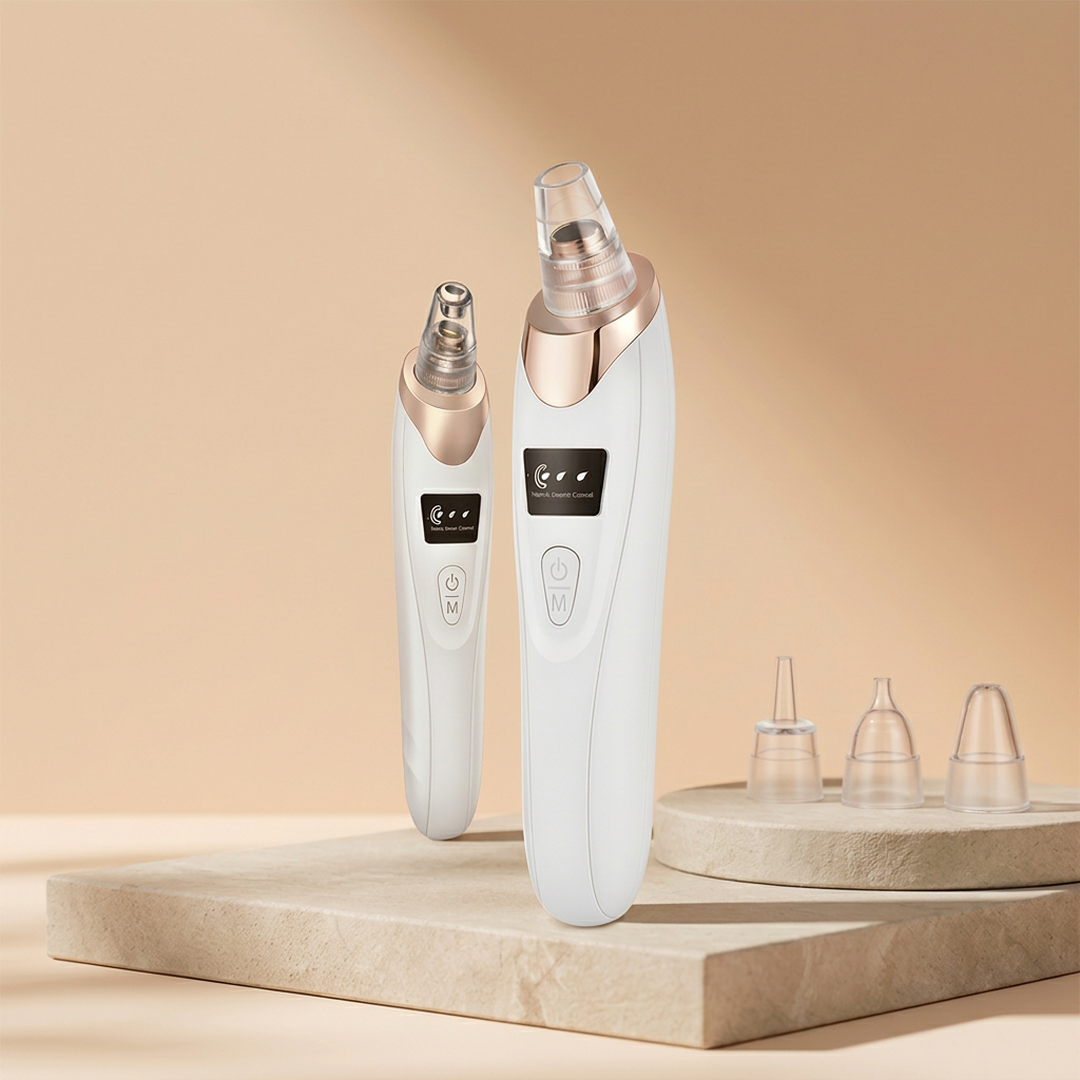 Two white electric blackhead remover vacuum devices sitting side by side on display.