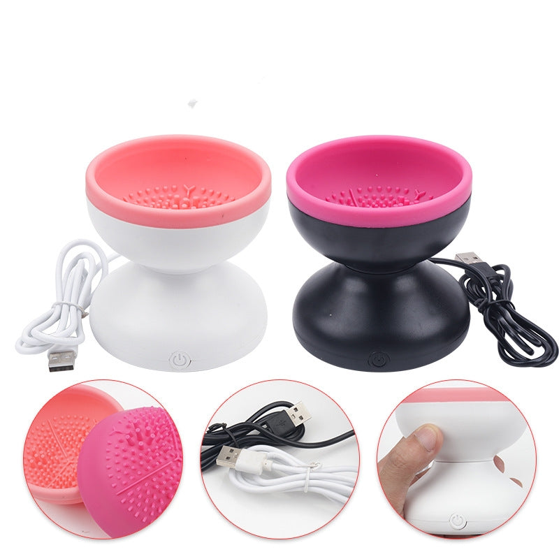 Overview of electric makeup brush cleaner color variations alongside included silicone cleaning pads and cables.
