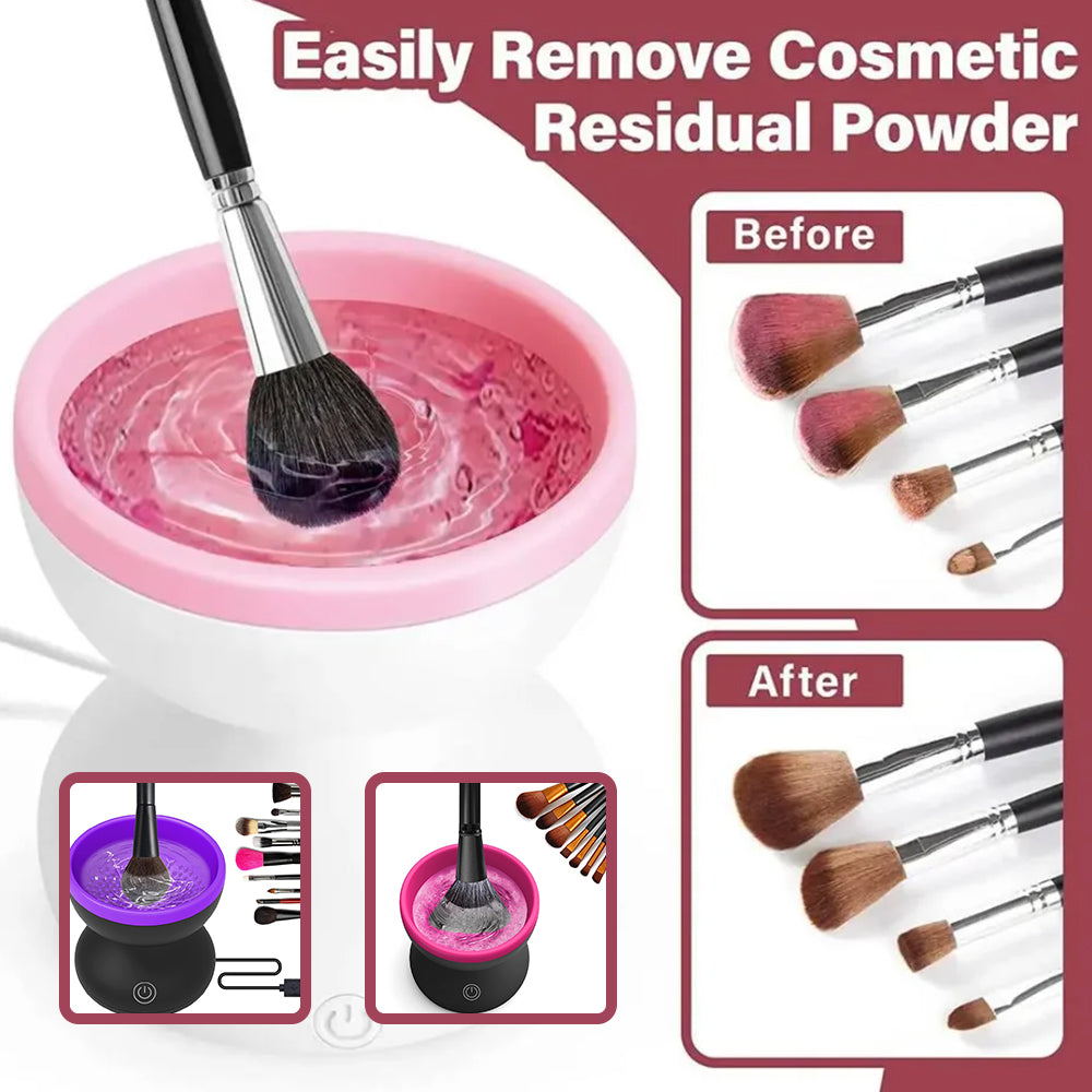  Demonstration graphic showing the electric makeup brush cleaner removing residual powder, featuring before and after dirty vs clean brushes.