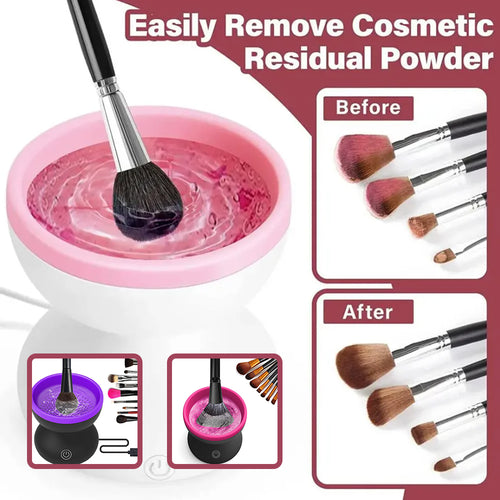  Demonstration graphic showing the electric makeup brush cleaner removing residual powder, featuring before and after dirty vs clean brushes.