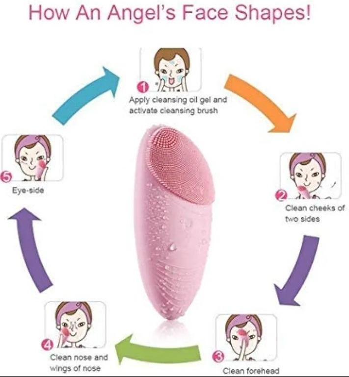 Diagram showing how to use the pink silicone facial cleansing brush in 5 steps for a complete face routine.