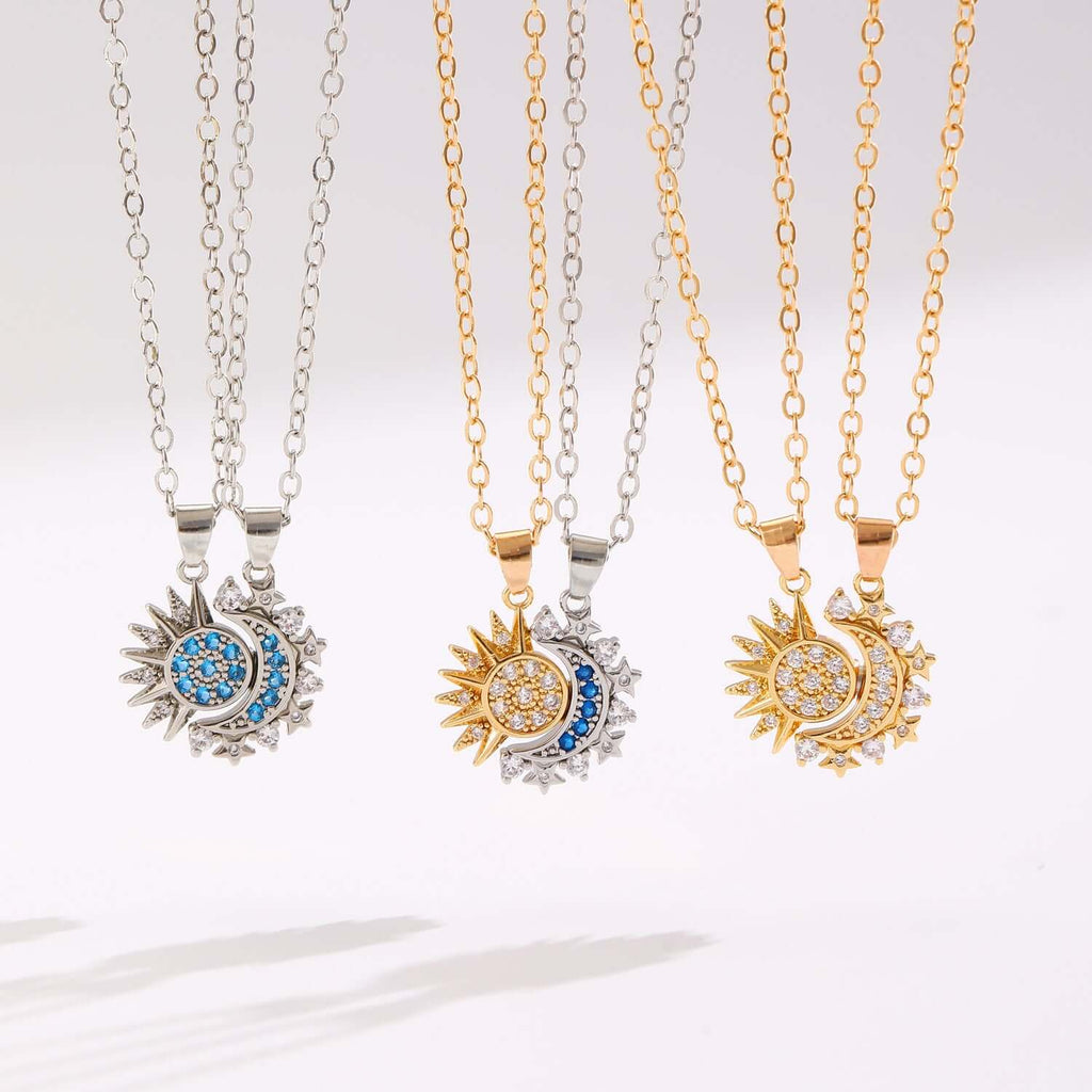  Group shot of matching sun and moon couple necklaces in silver, gold, and rose gold finish options.