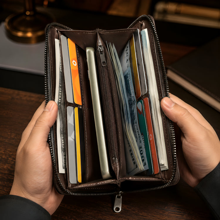 Inside view of open black long clutch wallet showing interior dividers and compartments