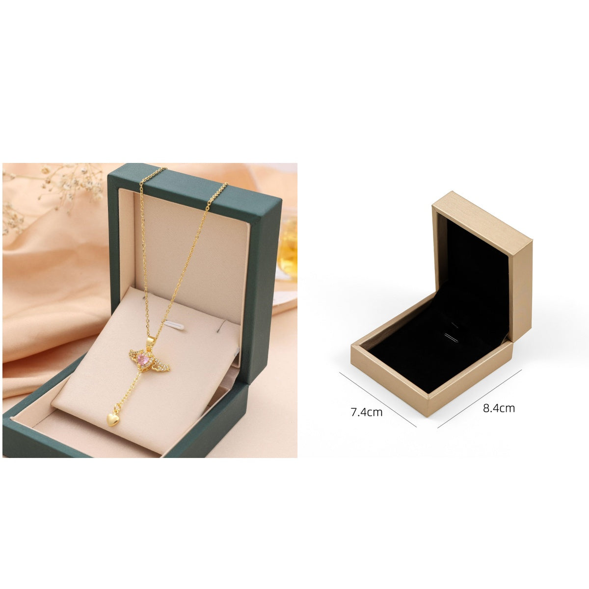  Comparison of green gift box options for the pink heart wing necklace.