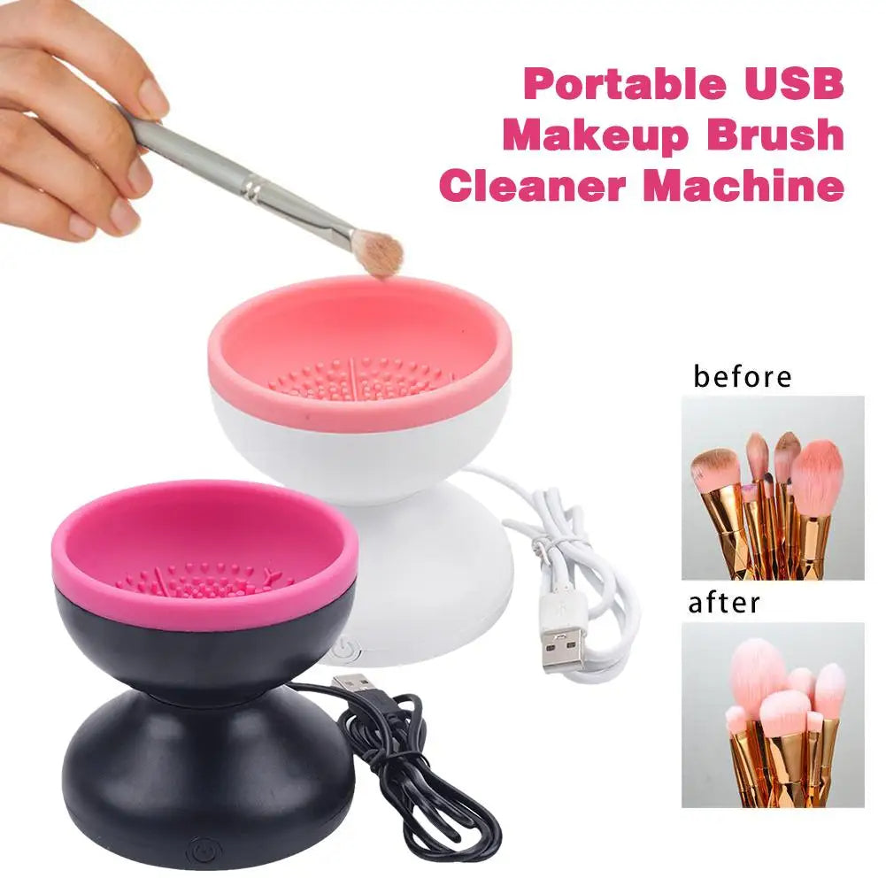 Product infographic displaying the portable USB makeup brush cleaner machine with usage steps and color choices.