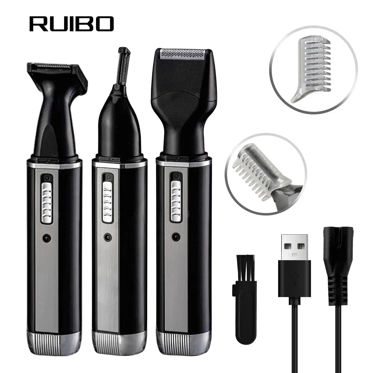 RUIBO grooming kit with hair trimmer, nose hair trimmer, USB cable, and attachments on a white background.