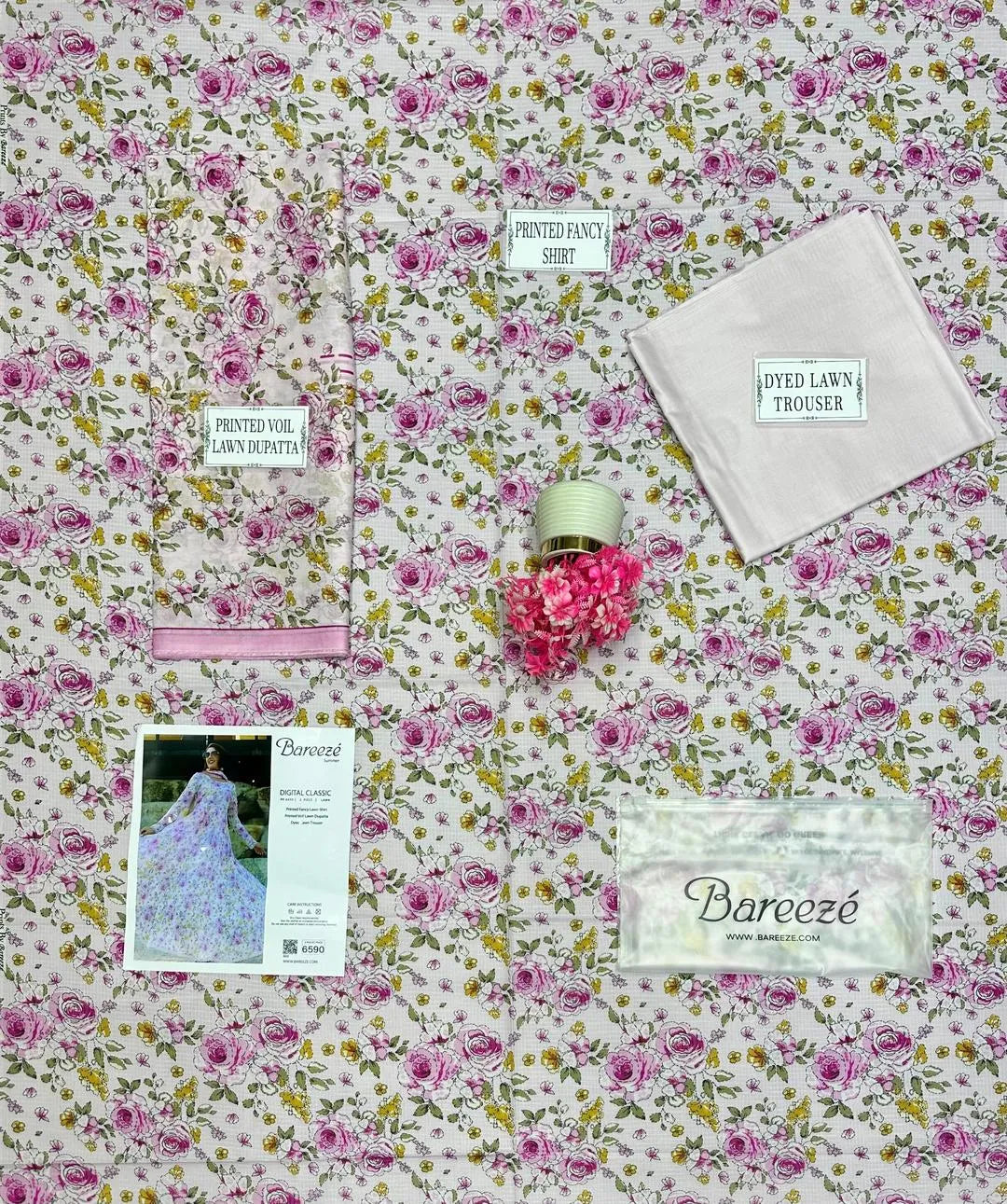 Close-up of pink floral lawn fabric showing print  and texture