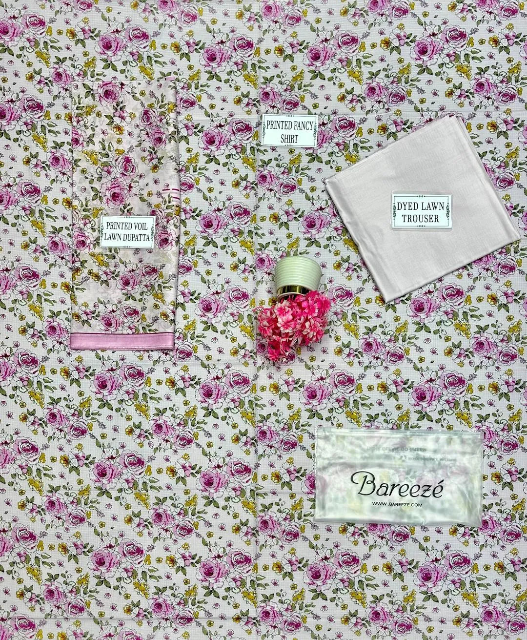 Pink Pakistani 3-piecelaw suit with floral pattern