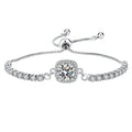 Sparkling silver halo crystal bolo bracelet with adjustable slider clasp on white background
