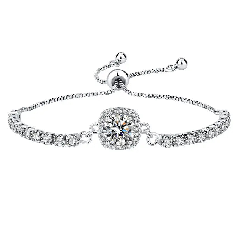 Sparkling silver halo crystal bolo bracelet with adjustable slider clasp on white background
