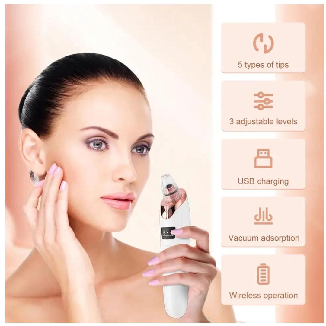 Woman touching clear facial skin after using an electric pore vacuum blackhead remover.