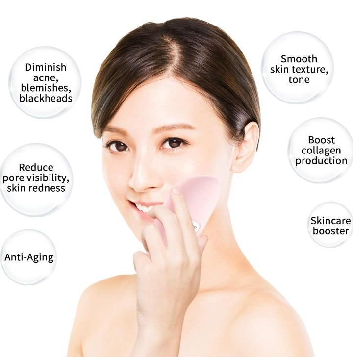 Model touching clear skin showcasing the benefits of using a silicone cleansing brush on different facial zones.